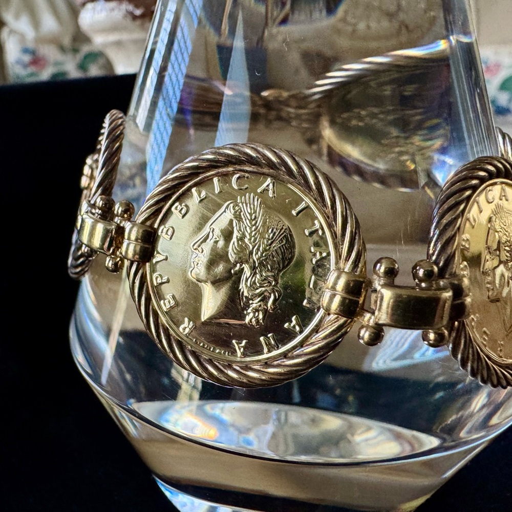 Italian Gorgeous 20 Lire Gold Over Silver 6 Coins Tennis Bracelet 8”